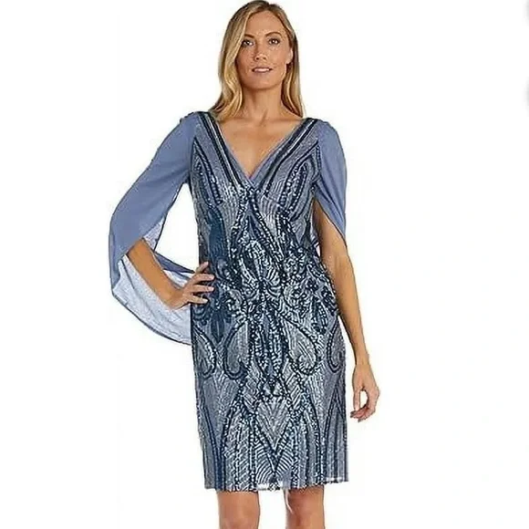 R&M Richards | Dresses | Rm Richards Glitter Sequin Blue Embroidered Cowl  Back Drape Dress Midi Size 2 | Poshmark